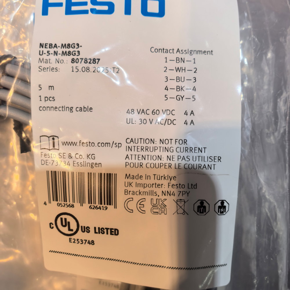 Festo NEBA-M8G3-U-5-N-M8G3 Connecting Cable 8078287 Festo NEBA-M8G3-U-5-N-M8G3 Connecting Cable 8078287